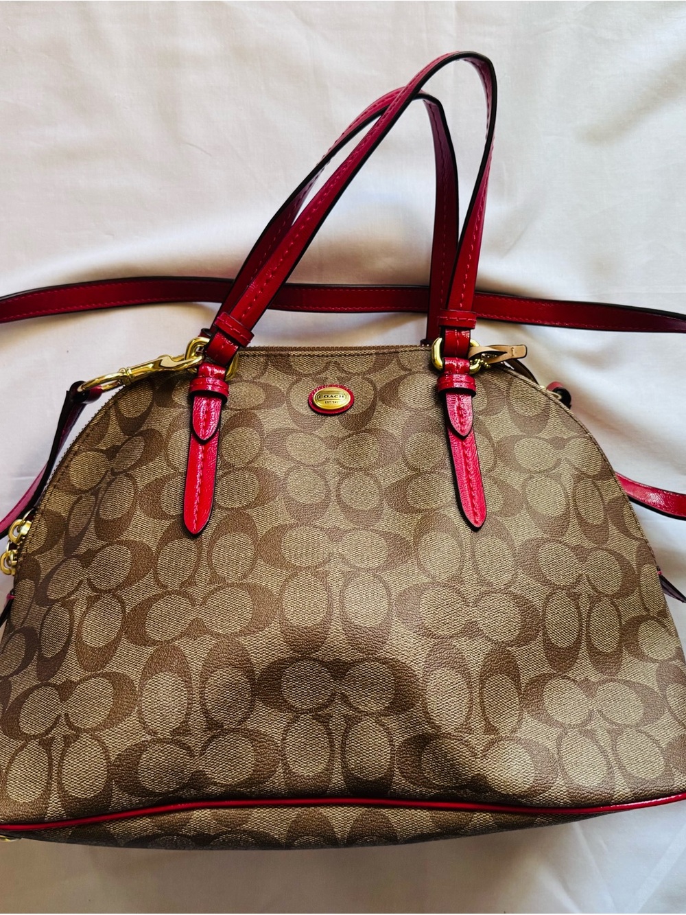 Coach Brown Signature Dome Satchel with Magenta Leather Trim